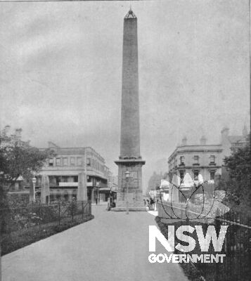 View of Obelisk Ventshaft on the corner of Elizabeth and Bathurst St Sydeny, erected 1857