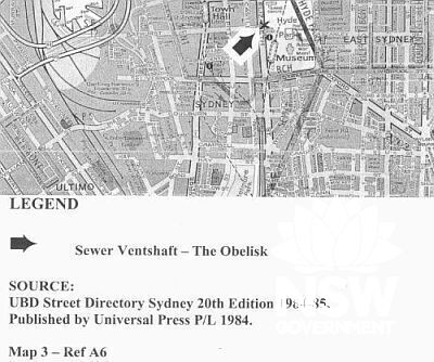 Map indicating the location of the Obelisk Sewer Vent. Source: UBD Street Directory Edition 20, 1985-84. Published by Universal Press P/L 1984. Map 3.