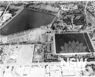 An aerial view of the Potts Hill Reservoirs site.  Reservoir No.1 is right and Reservoir No.2 is Left.  This photo was taken before the 1999 upgrading works (c1995).