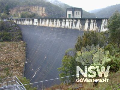 The downstream face of the Nepean Dam wall.