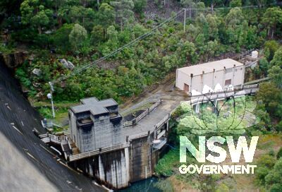The view from Woronora Dam Wall to the structures below.  The dam discharges into the Woronora River.