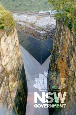 The spillway for Woronora Dam was cut through solid rock.  The zig-zag spillway is visible in the background.