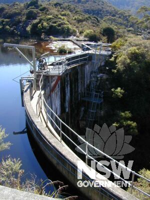 The Medlow Dam wall, from the south-east side.  The spillway is on the far side of the wall.