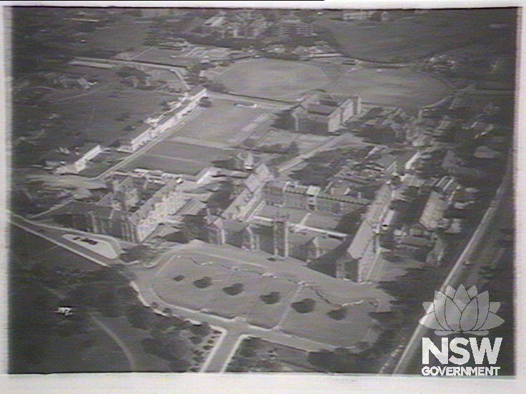 Aerial view of the campus showing the Physics and Ford Buildings, 1930s