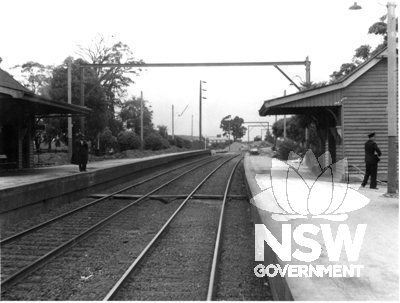 Asquith Railway Station - (from down platform) looking south. Overhead stanchions erected but photographed prior to electrification. c.1958