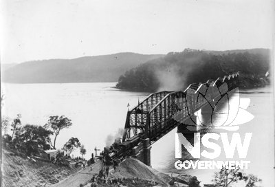 Long Island - Opening day for first Hawkesbury River Bridge, viewed from Sydney-end of the structure.  1 May 1889.