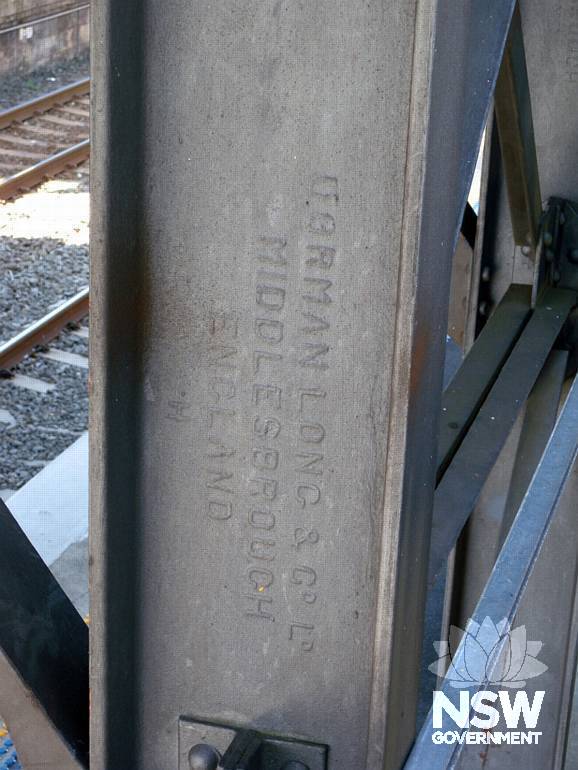 Carlton Railway Station - detail, c. 1930s steel pedestrian footbridge/stair structure - Dorman Long & Co Ltd name stamp