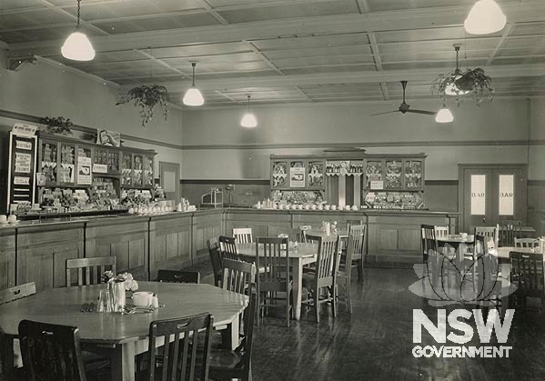 Parkes Railway Refreshment Room- interior showing counter and dining tables, 1951