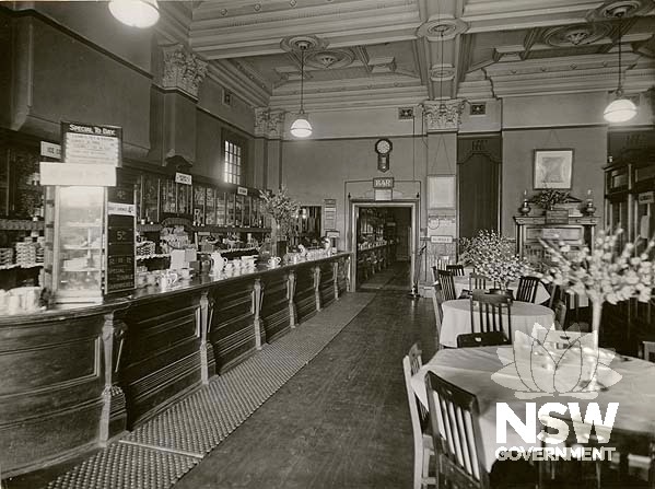 Moss Vale Railway Refreshment Room- interior showing counter and dining tables, 1935