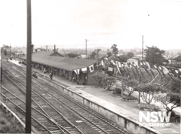 Casino Railway Station decorated for the visit of Queen Elizabeth 11, 1954