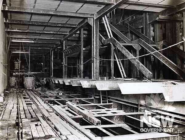 Steelwork and tunnelling during construction of Town Hall Station.
