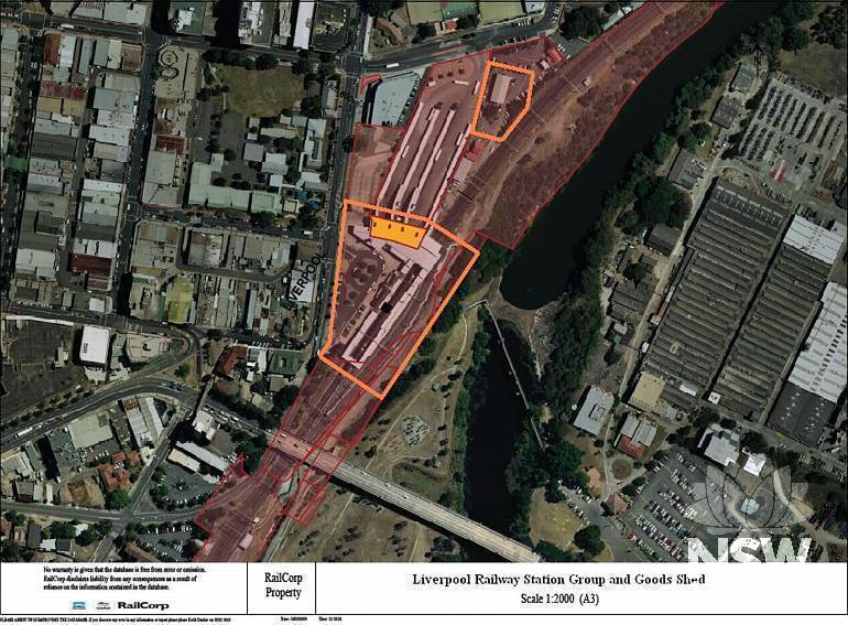 Liverpool Railway Station and Goods Shed Curtilage Plan (Note: No warranty is given that this plan is free from error or omission. RailCorp disclaims liability from any consequences as a result of reliance on the information contained in the plan.)
