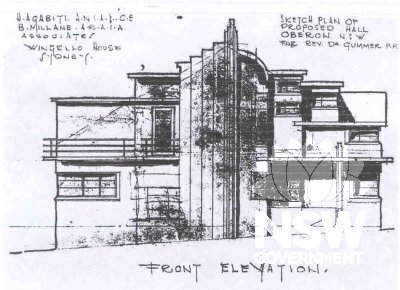 Original sketch plan of the front elevation of the Malachi Glimore Memorial Hall, 1936 by architect, B Millane (note: the building was built in reverse to the sketch).