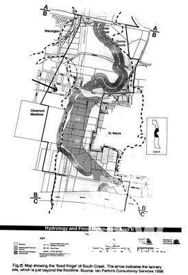 Map showing the flood fringe of South Creek.  The arrow indicates the Tannery site, which is just beyond the floodline