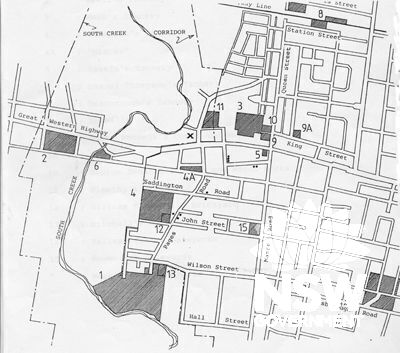 Plan of St Marys showing the Location of Industrial Sites dating from Pre 1914 (image from Penrith Local history Library: Environmental Resources Management Australia Pty Ltd)