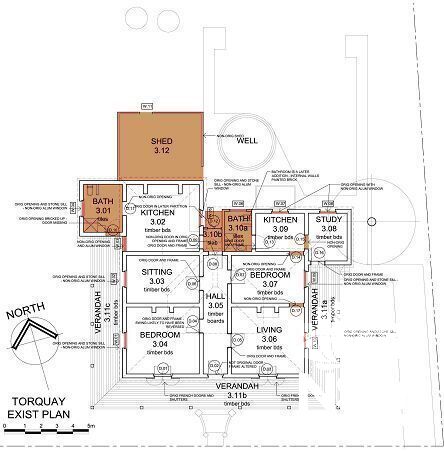 Existing plan of the cottage highlighting the alterations from the original