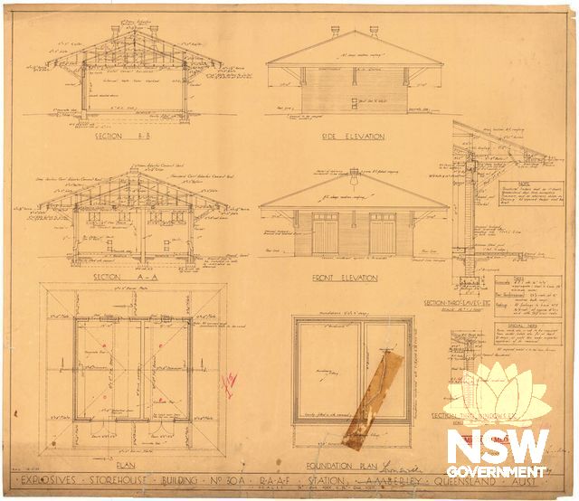 1939 plan of the double length explosives storehouse  Designed for the Amberley RAAF base in Queensland.   Note: Dunheved buildings did not have this double layered roof or the highlight glazing above the doors.