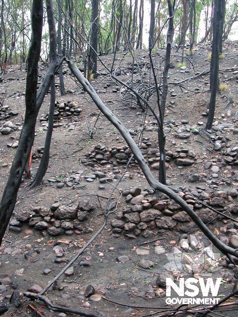 Vineyard terracing of river stones exposed after bushfire