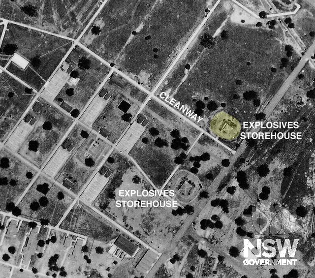 Aerial view of the explosives storehouses and the network of paths originally known as “cleanways”. Surviving explosives storehouse highlighted in yellow.