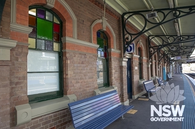 Canterbury Railway Station Group - Coloured glass sash window and brickwork detail.