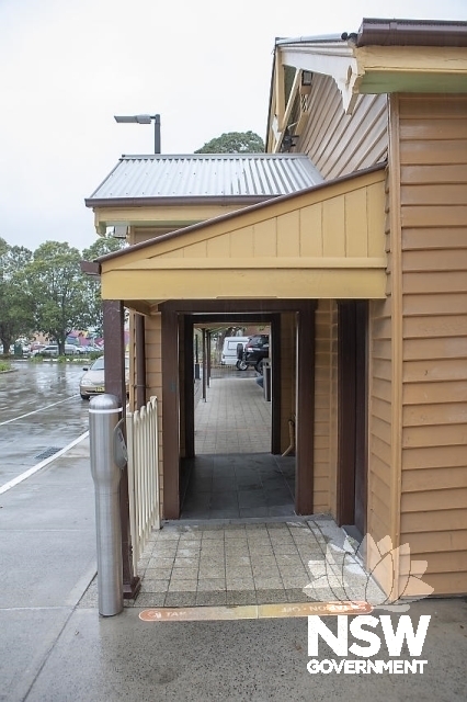 Dapto Railway Station Group - Station entrance and awning from the approach side.
