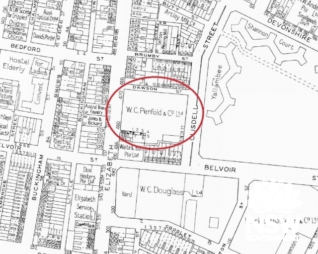 1956 detail sheet showing the former factory, circled, and surrounding industries at this time