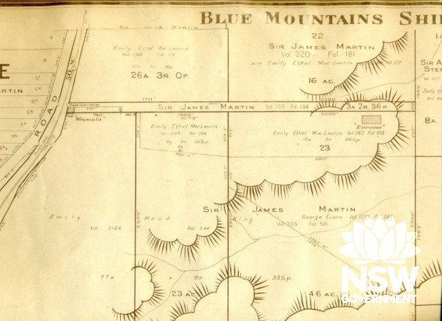 Map of Eurama and Weemala c1920. The two levels crossings are indicated to the west of the property.