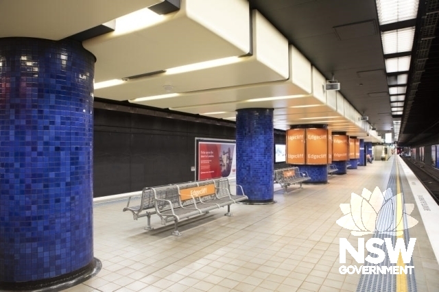 Edgecliff Railway Station - Tiled piers. tiled floor and station lighting.