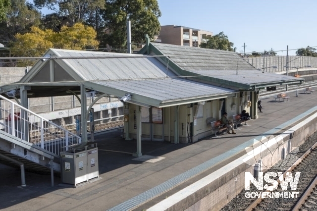 Sefton Railway Station Group - View from footbridge of the stairs, awning and platform building.