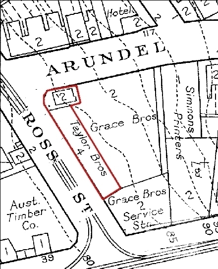 Extract from the Civic Survey, Glebe East. The site area is bounded in red (1938-1950).