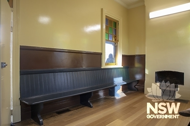 Thornton Railway Station - Waiting room, bench seats, coloured glass windows and fireplace. plat 1.