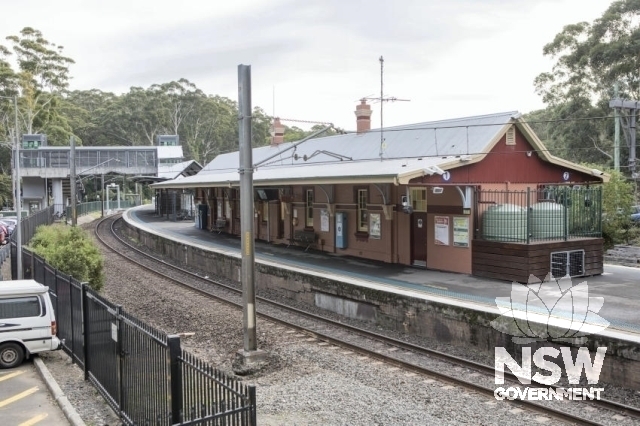 Helensburgh Railway Station Group - Platform 1 and lifts and footbridge in the background.