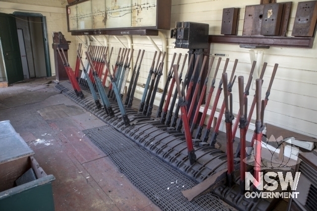 Branxton Railway Station Group - Lever frame and indicator board in the Signal Box