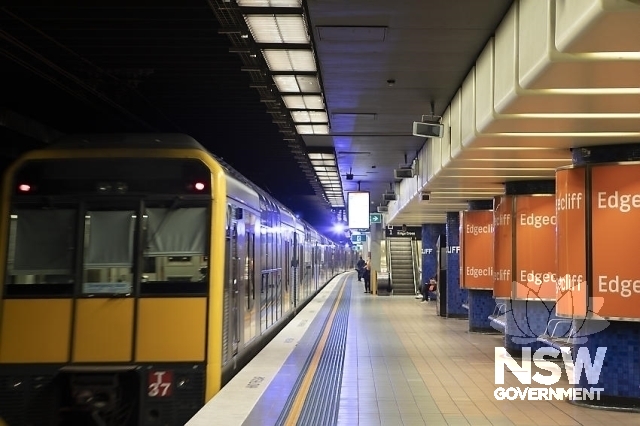 Edgecliff Railway Station - Platform showing tiled piers lighting,