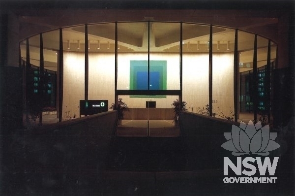 Vestibule photographed at night with Josef Albers’ “Homage to the Square