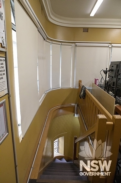 Clyde Signal Box - Stairs and the curved interior wall.