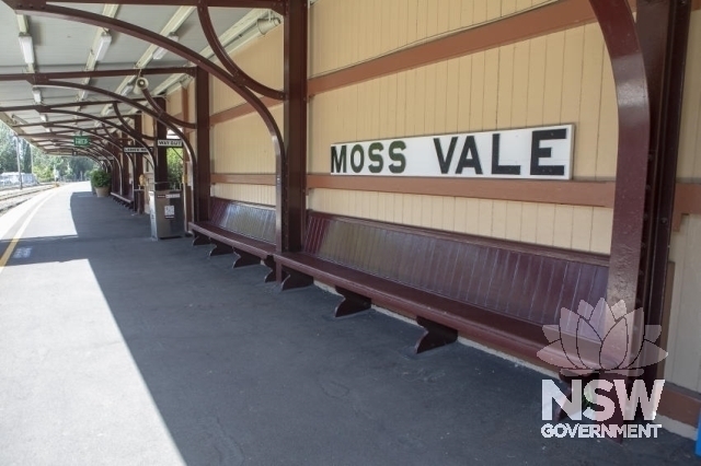 Moss Vale Railway Precinct - Platform 2 Under awning detail and sign and bench seats