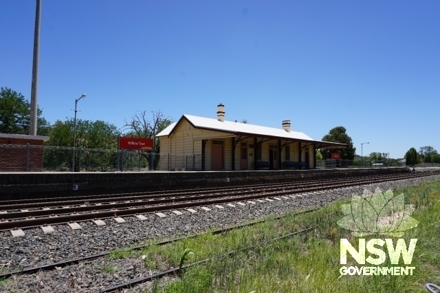 Willow Tree Railway Station- looking North at station building and platform from tracks.