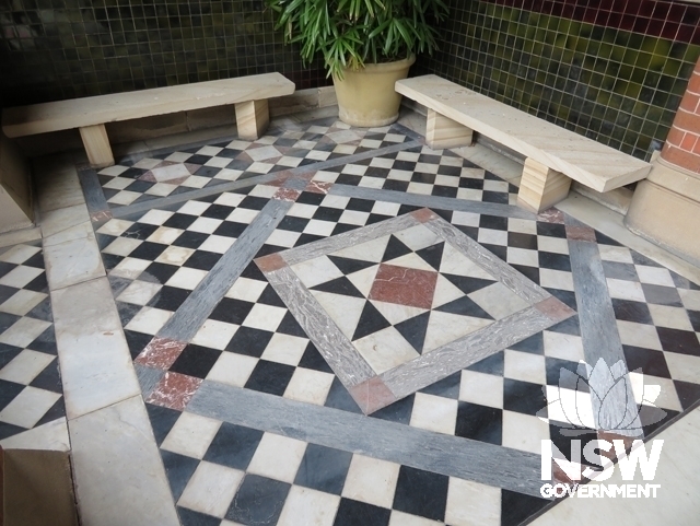 Building A: Entrance porch tile and marble paving pattern