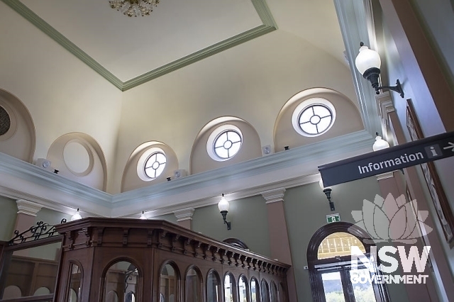Albury Railway Precinct - Ornate ceiling and windows above the waiting area.