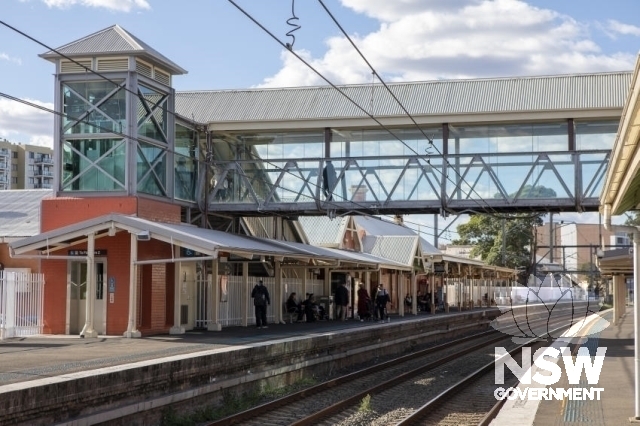 Fairfield Railway Station - View across tracks to Platform 2 Building and footbridge and Lift.