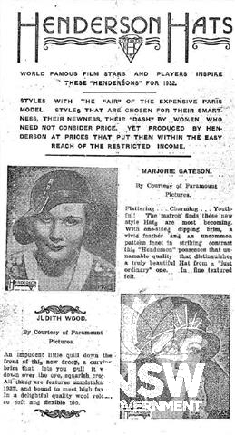 1930s Henderson Hats fashions, marketing, and the 'Paris' hat illustrated in this 1932 advertisement