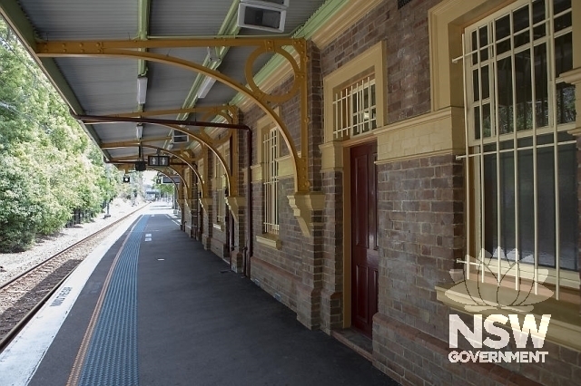 Turramurra Railway Station Group - Platform 2 under awning and building detail.