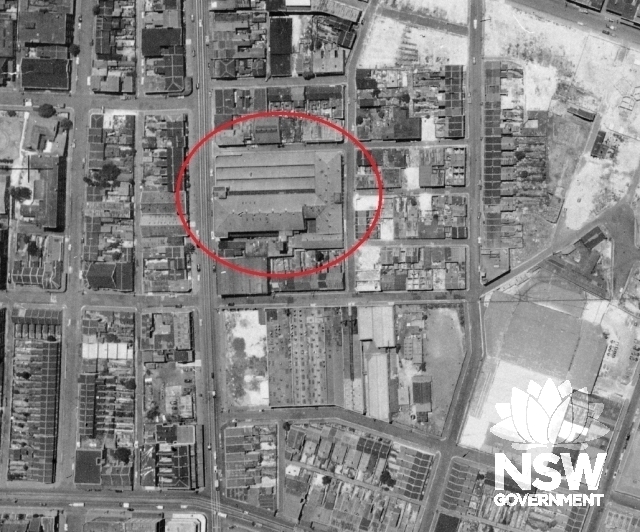 1949 aerial showing the former factory, circled, at this time
