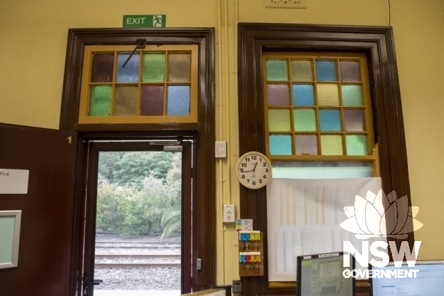 Hawkesbury River Railway Station Group - Coloured glass window panels in the office.