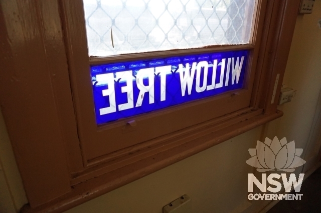 Willow Tree Station - station name signage in window glazing