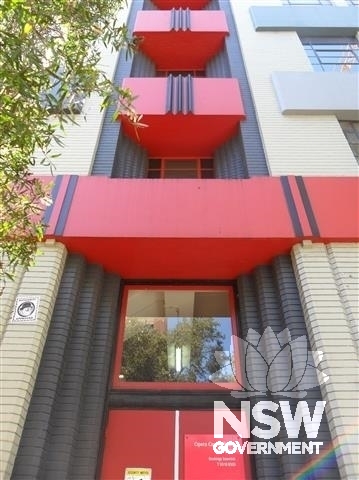 Detail of front entrance on Elizabeth Street showing Art Deco geometric motifs