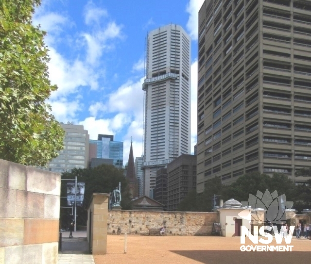 MLC Centre tower viewed from the courtyard in front of Hyde Park Barracks in Macquarie Street