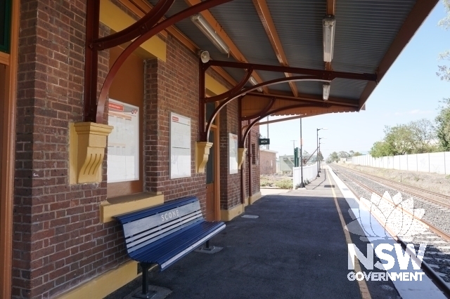 Scone Railway Precinct- view of station buildings, platform, and jib crane in the background.