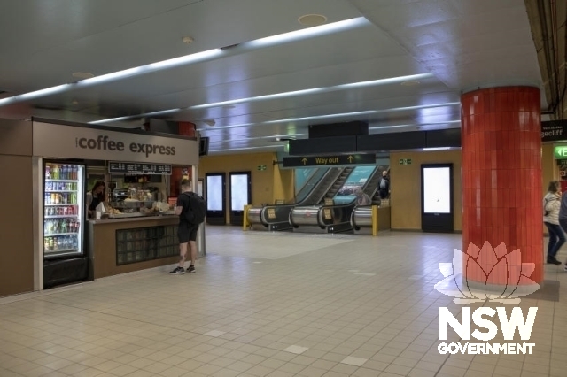 Bondi Junction Railway Station - Platform kiosk exit and red tiled pile.